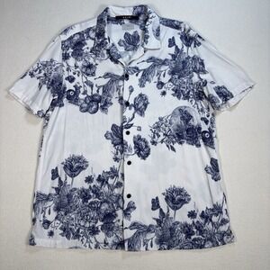 Ksubi Master Resort Shirt Men's M White Navy Viscose Loop Collar Button Up Camp